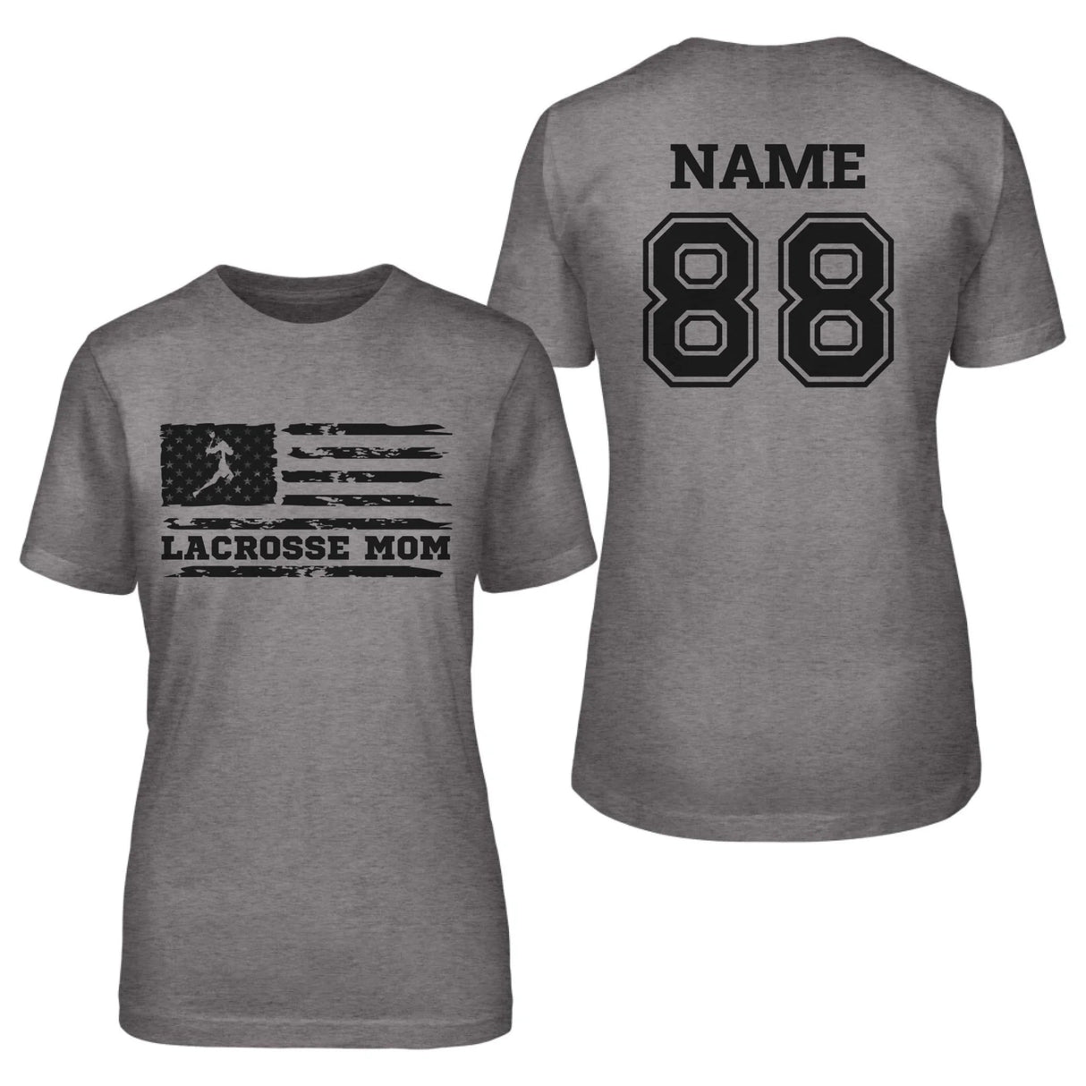 Lacrosse Mom Horizontal Flag With Lacrosse Player Name on a Unisex T-Shirt with a Black Graphic