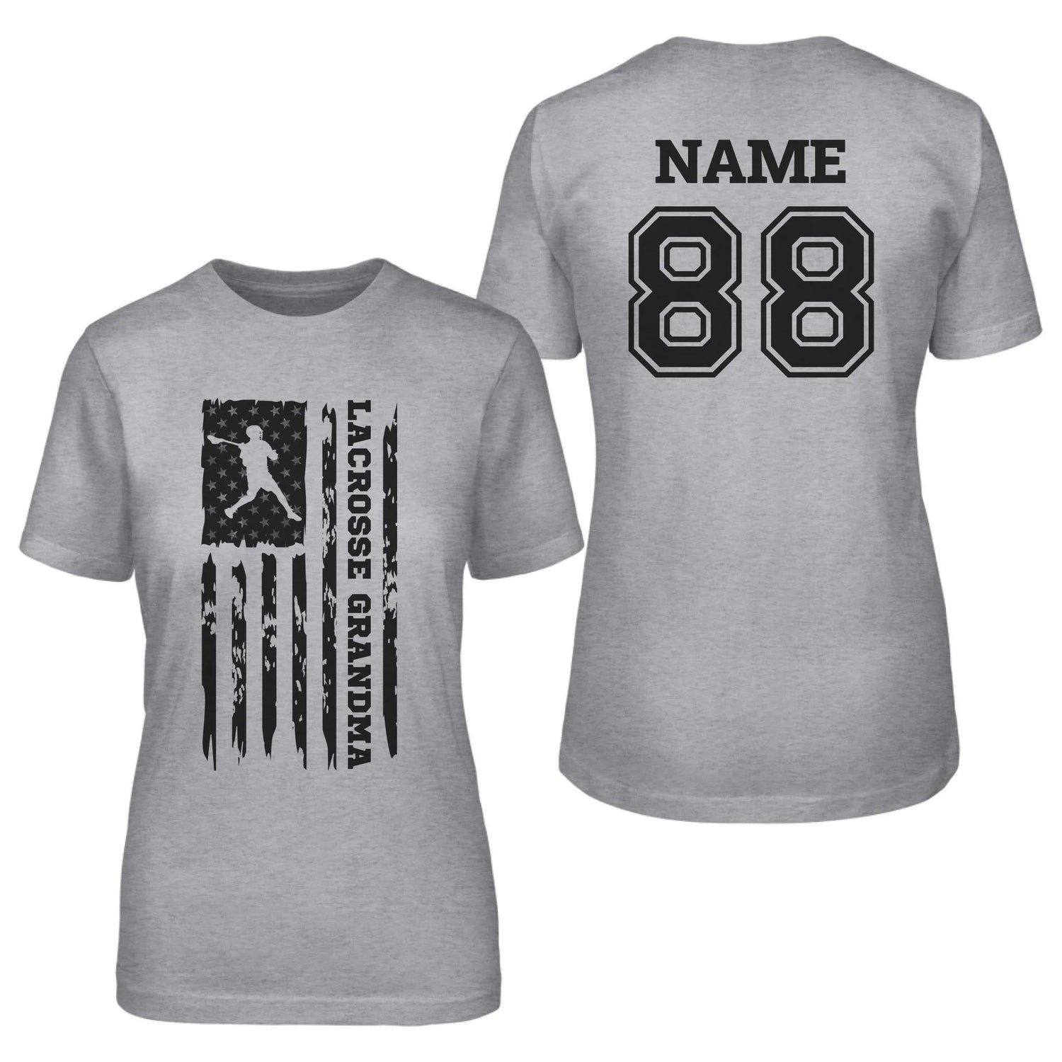 Lacrosse Grandma Vertical Flag With Lacrosse Player Name on a Unisex T-Shirt with a Black Graphic