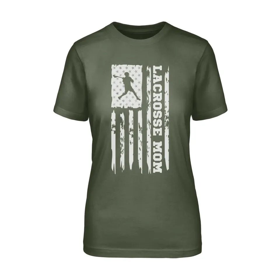 Lacrosse Mom Vertical Flag on a Unisex T-Shirt with a White Graphic