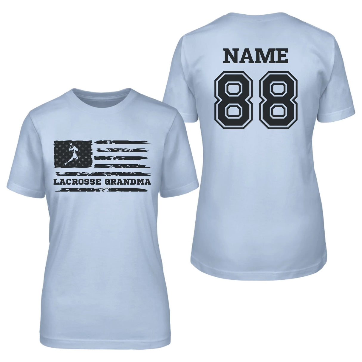 Lacrosse Grandma Horizontal Flag With Lacrosse Player Name on a Unisex T-Shirt with a Black Graphic