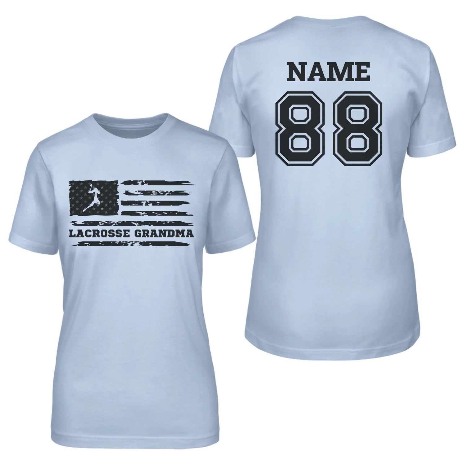 Lacrosse Grandma Horizontal Flag With Lacrosse Player Name on a Unisex T-Shirt with a Black Graphic