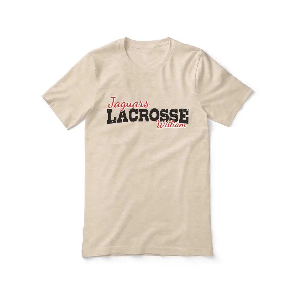 Custom Lacrosse Mascot and Lacrosse Player Name on a Unisex T-Shirt with a Black Graphic