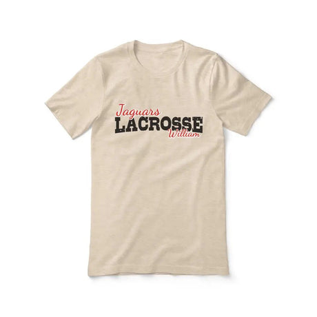 Custom Lacrosse Mascot and Lacrosse Player Name on a Unisex T-Shirt with a Black Graphic