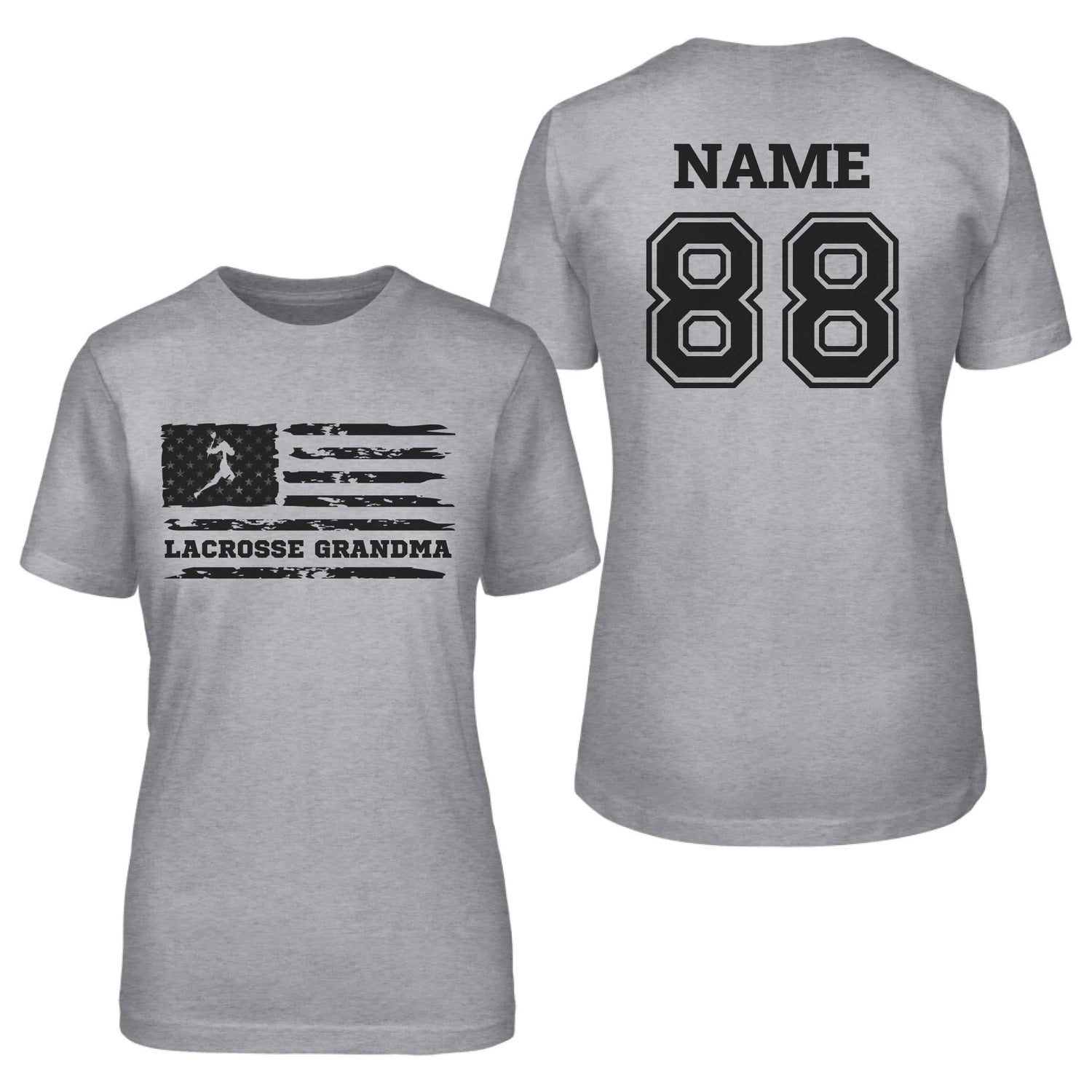 Lacrosse Grandma Horizontal Flag With Lacrosse Player Name on a Unisex T-Shirt with a Black Graphic