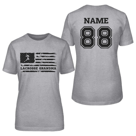 Lacrosse Grandma Horizontal Flag With Lacrosse Player Name on a Unisex T-Shirt with a Black Graphic