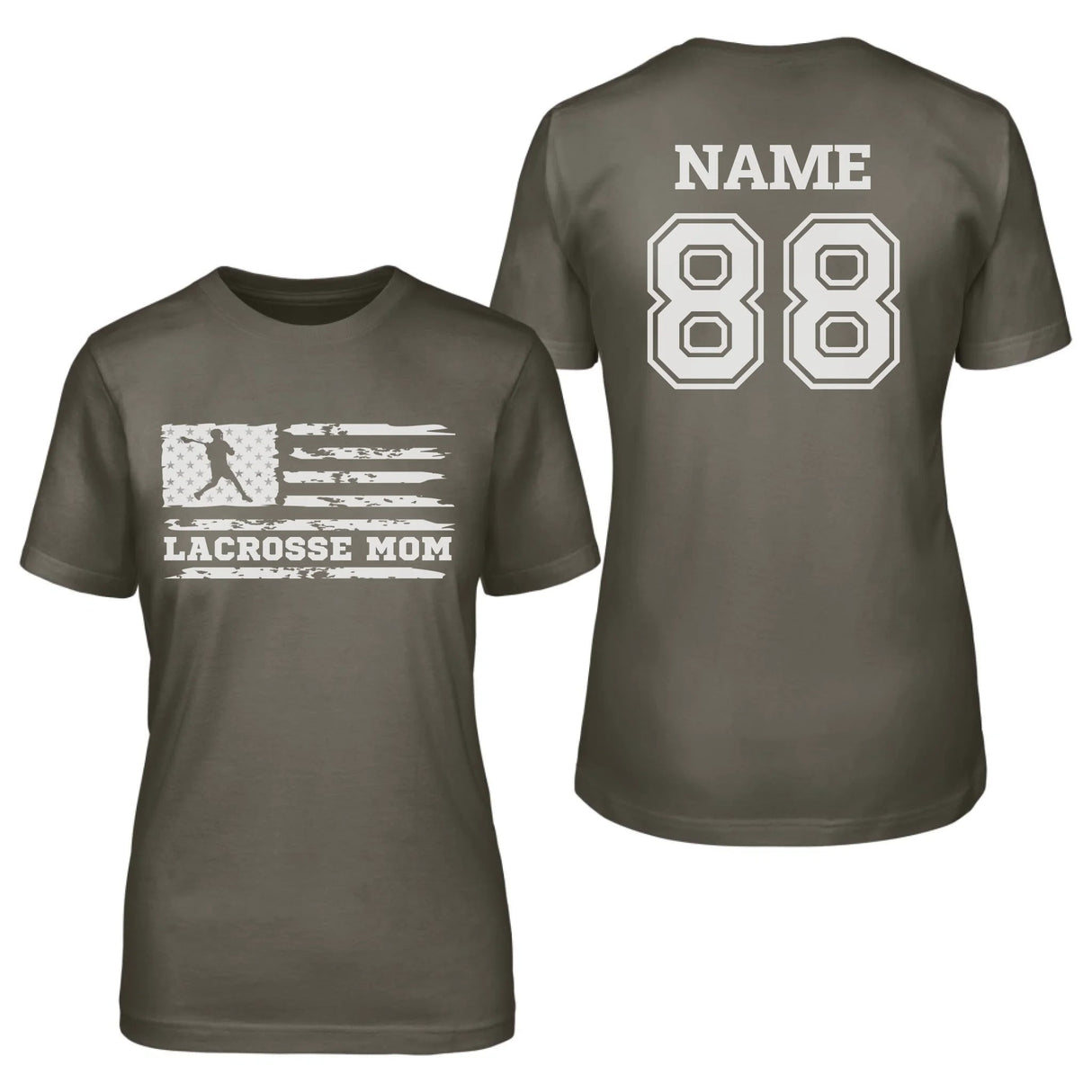 Lacrosse Mom Horizontal Flag With Lacrosse Player Name on a Unisex T-Shirt with a White Graphic
