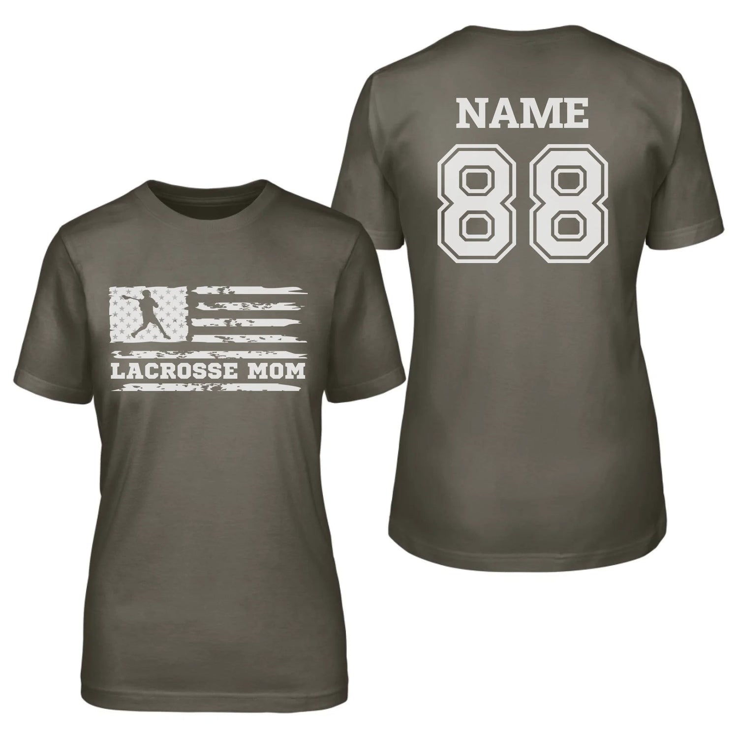 Lacrosse Mom Horizontal Flag With Lacrosse Player Name on a Unisex T-Shirt with a White Graphic