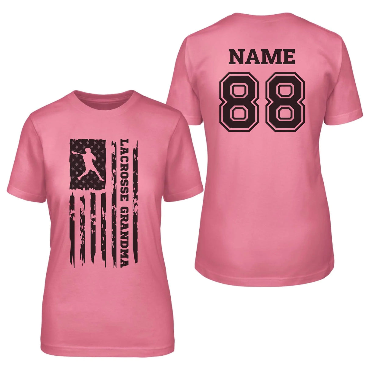 Lacrosse Grandma Vertical Flag With Lacrosse Player Name on a Unisex T-Shirt with a Black Graphic