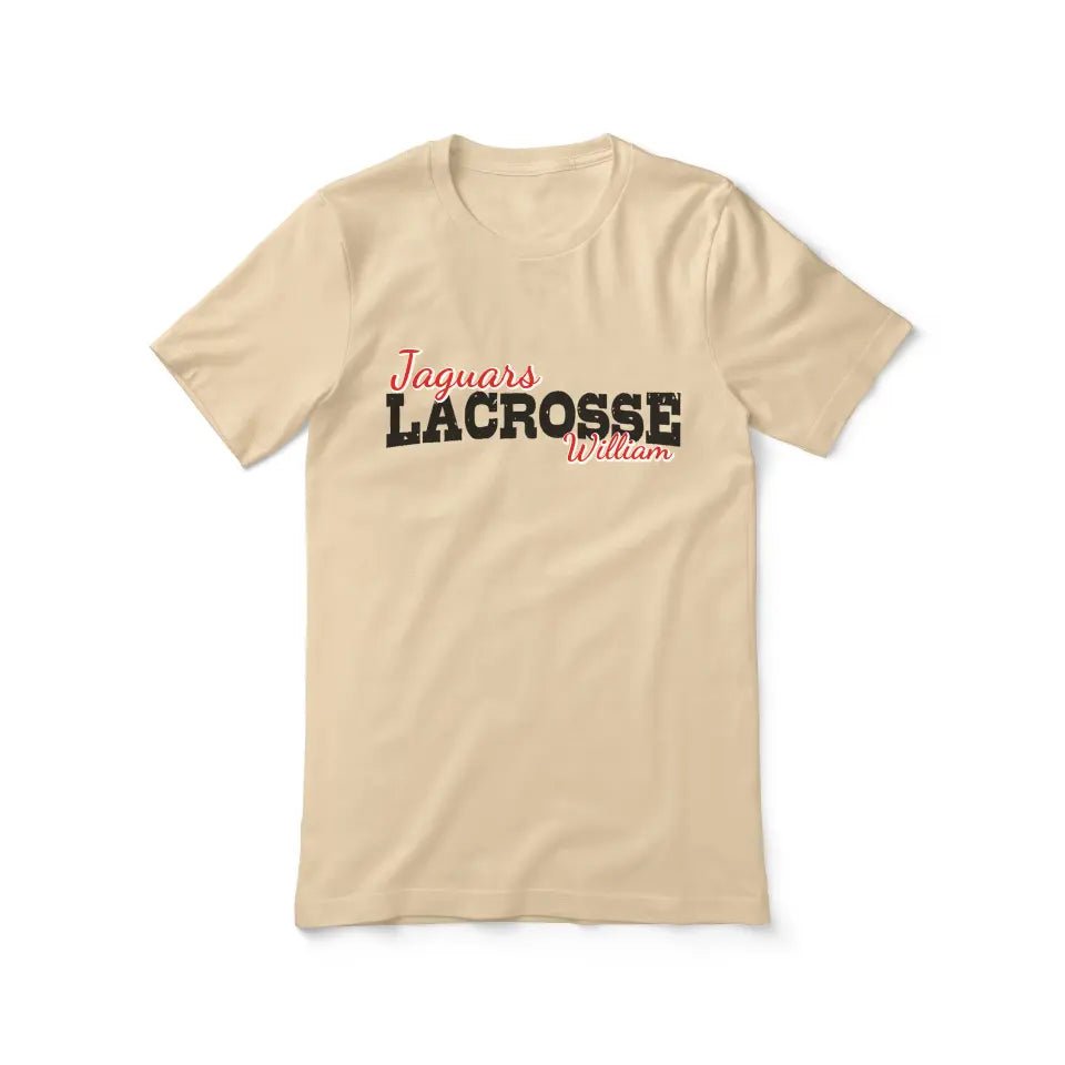 Custom Lacrosse Mascot and Lacrosse Player Name on a Unisex T-Shirt with a Black Graphic