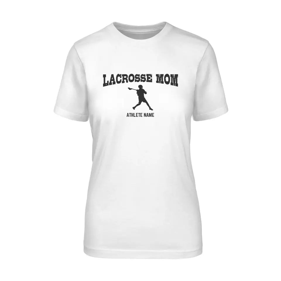 Lacrosse Mom with Lacrosse Player Icon and Lacrosse Player Name on a Unisex T-Shirt with a Black Graphic