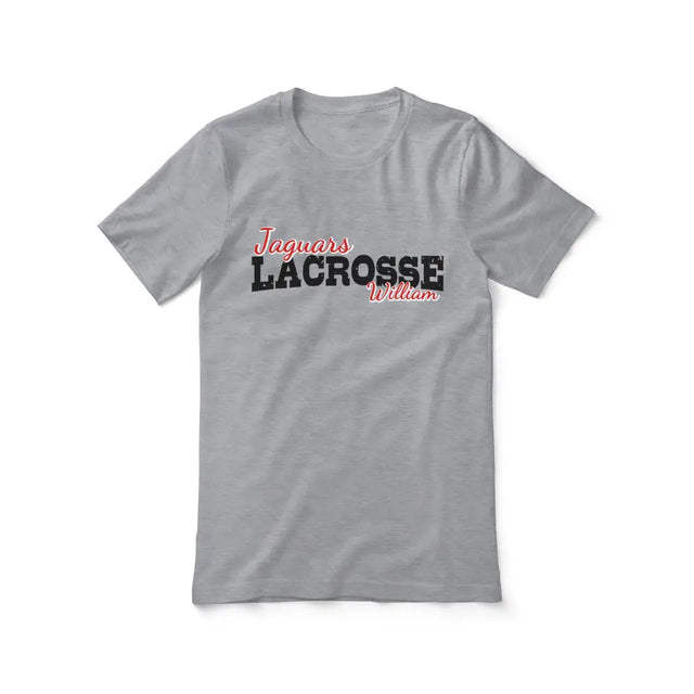 Custom Lacrosse Mascot and Lacrosse Player Name on a Unisex T-Shirt with a Black Graphic