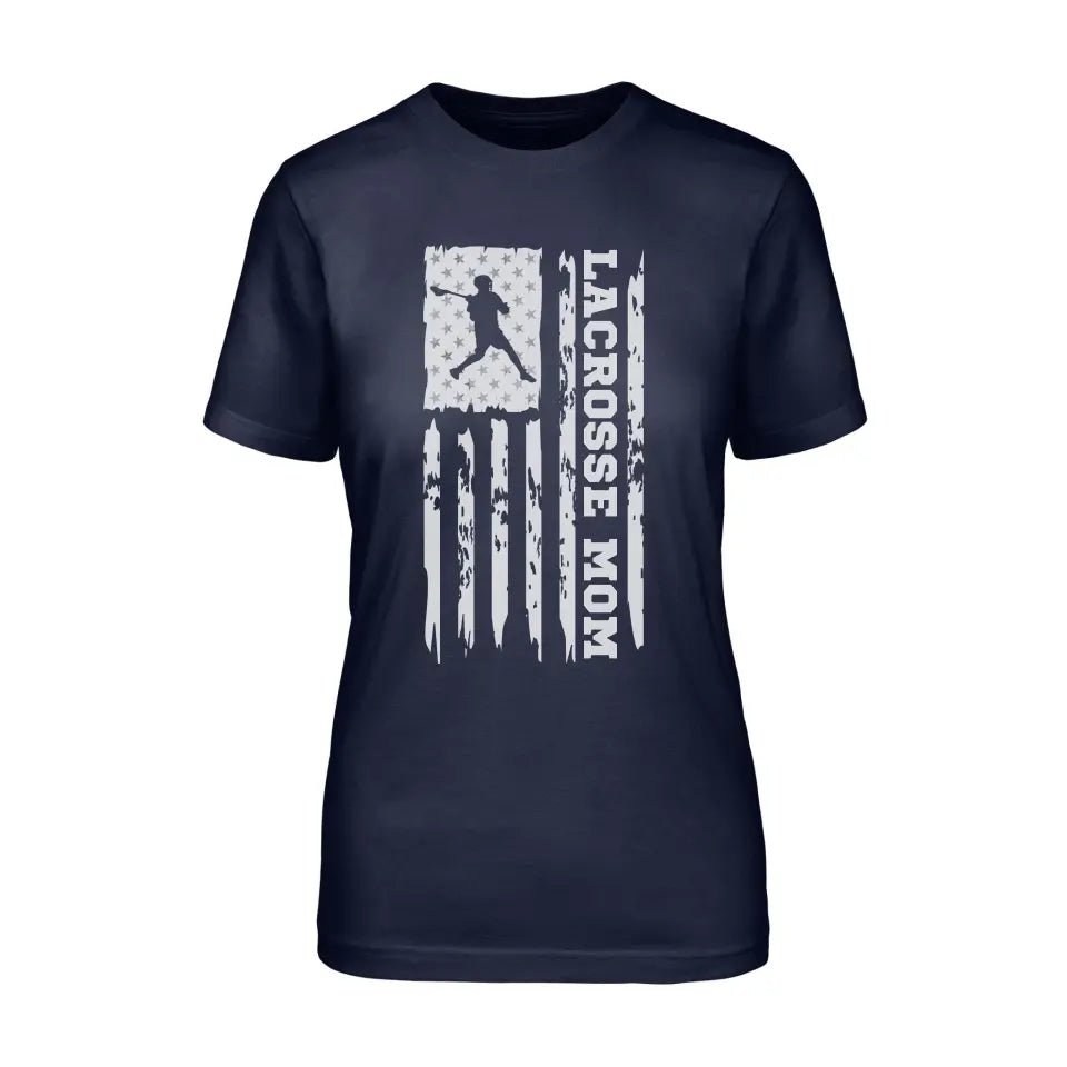 Lacrosse Mom Vertical Flag on a Unisex T-Shirt with a White Graphic