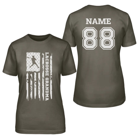 Lacrosse Grandma Vertical Flag With Lacrosse Player Name on a Unisex T-Shirt with a White Graphic