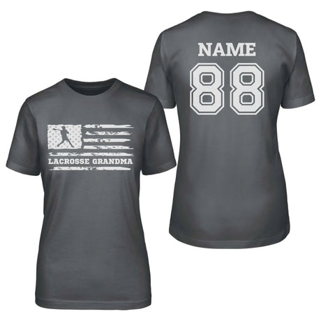 Lacrosse Grandma Horizontal Flag With Lacrosse Player Name on a Unisex T-Shirt with a White Graphic