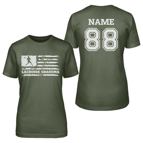 Lacrosse Grandma Horizontal Flag With Lacrosse Player Name on a Unisex T-Shirt with a White Graphic