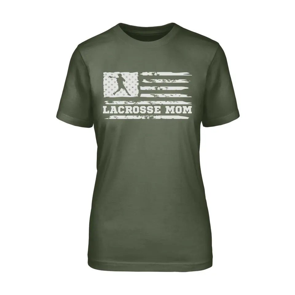 Lacrosse Mom Horizontal Flag on a Unisex T-Shirt with a White Graphic