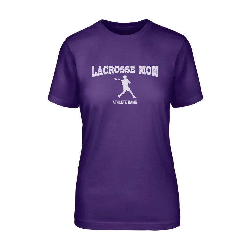 Lacrosse Mom with Lacrosse Player Icon and Lacrosse Player Name on a Unisex T-Shirt with a White Graphic