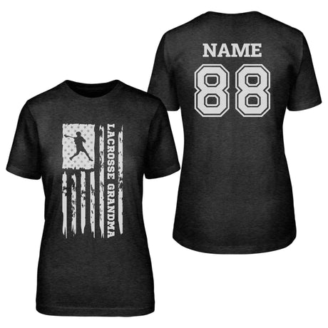 Lacrosse Grandma Vertical Flag With Lacrosse Player Name on a Unisex T-Shirt with a White Graphic