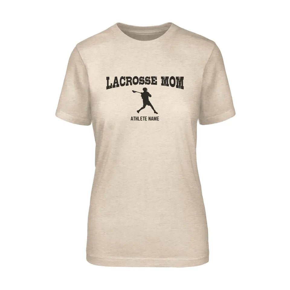 Lacrosse Mom with Lacrosse Player Icon and Lacrosse Player Name on a Unisex T-Shirt with a Black Graphic
