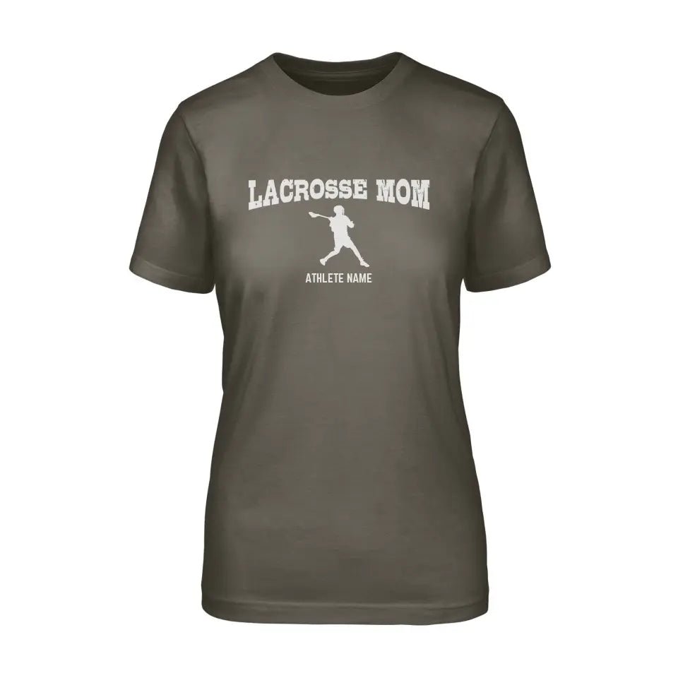 Lacrosse Mom with Lacrosse Player Icon and Lacrosse Player Name on a Unisex T-Shirt with a White Graphic
