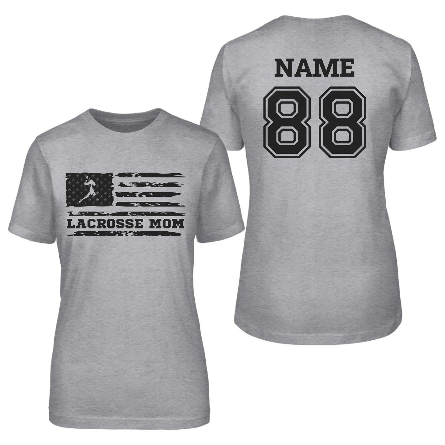 Lacrosse Mom Horizontal Flag With Lacrosse Player Name on a Unisex T-Shirt with a Black Graphic