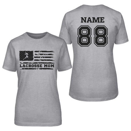 Lacrosse Mom Horizontal Flag With Lacrosse Player Name on a Unisex T-Shirt with a Black Graphic