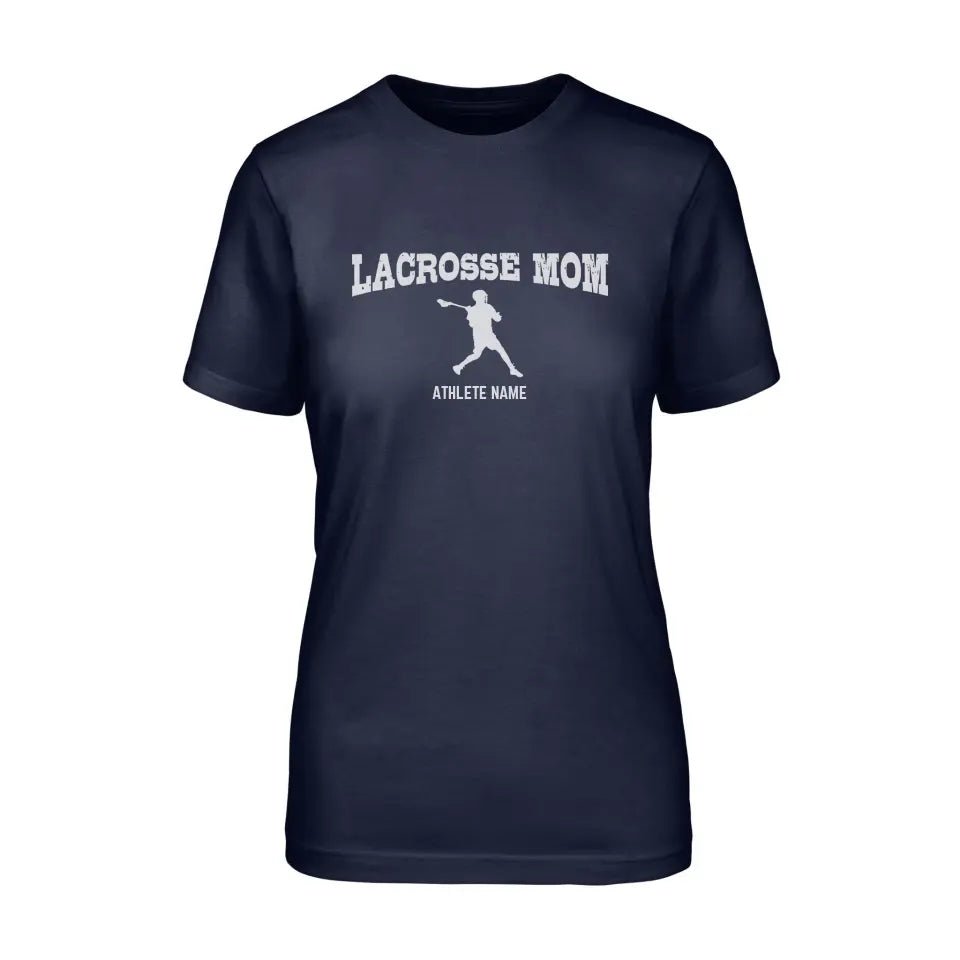Lacrosse Mom with Lacrosse Player Icon and Lacrosse Player Name on a Unisex T-Shirt with a White Graphic