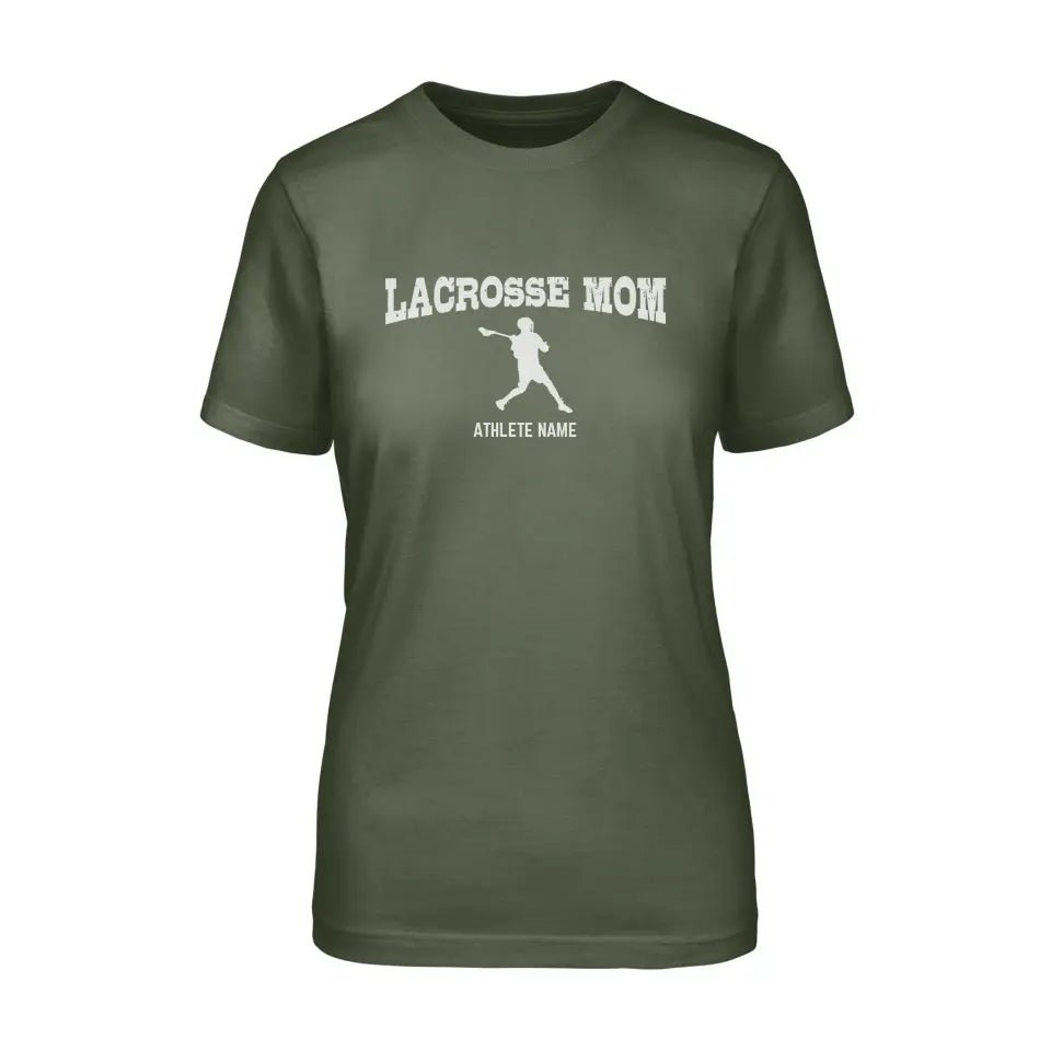 Lacrosse Mom with Lacrosse Player Icon and Lacrosse Player Name on a Unisex T-Shirt with a White Graphic
