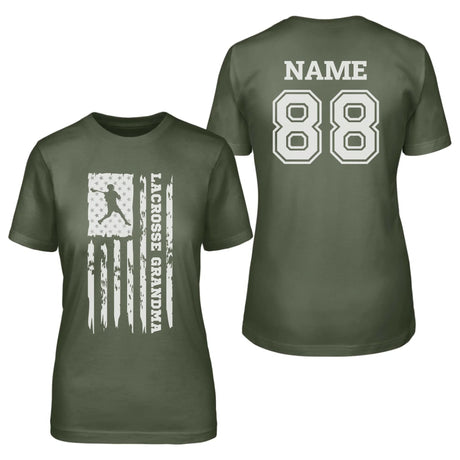 Lacrosse Grandma Vertical Flag With Lacrosse Player Name on a Unisex T-Shirt with a White Graphic