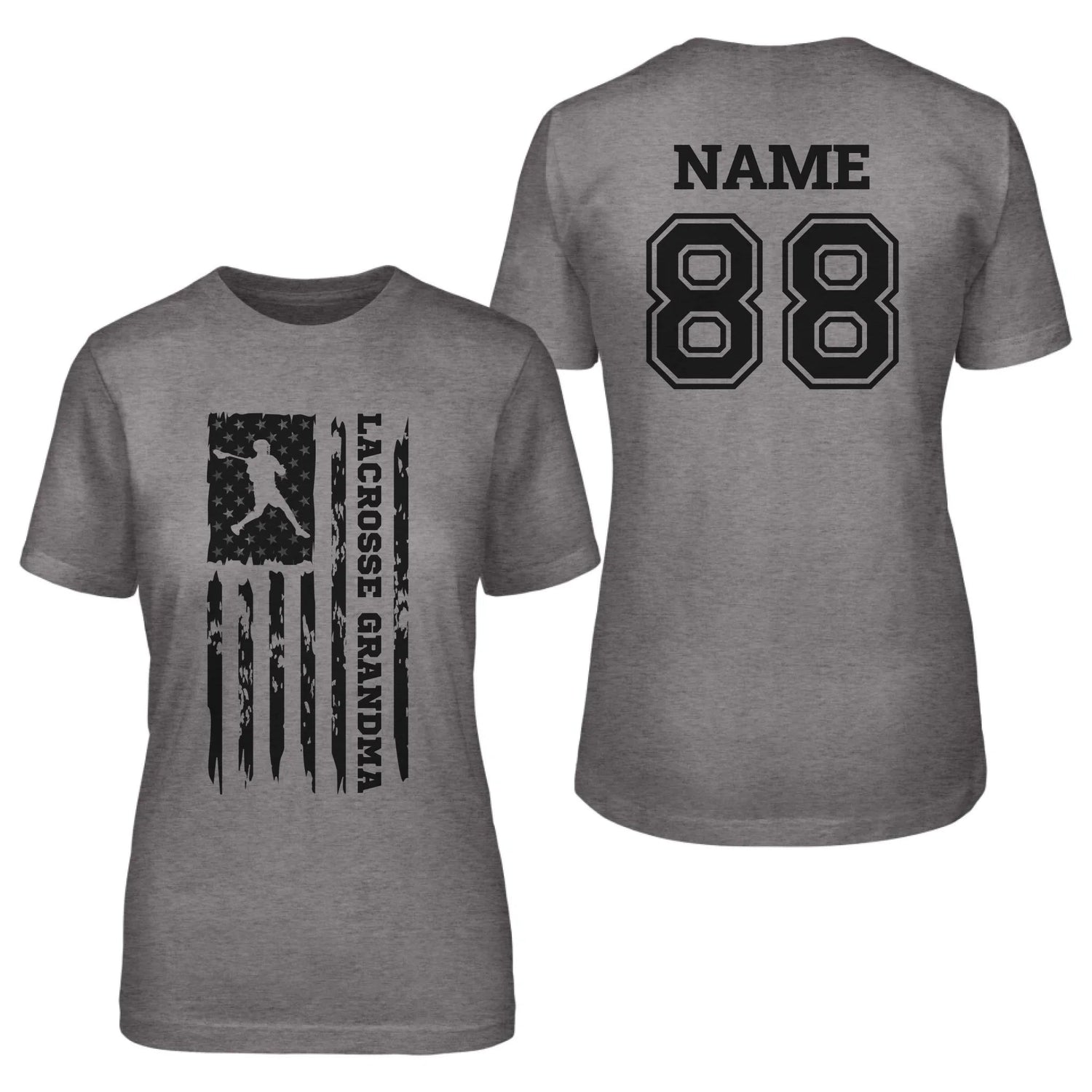 Lacrosse Grandma Vertical Flag With Lacrosse Player Name on a Unisex T-Shirt with a Black Graphic