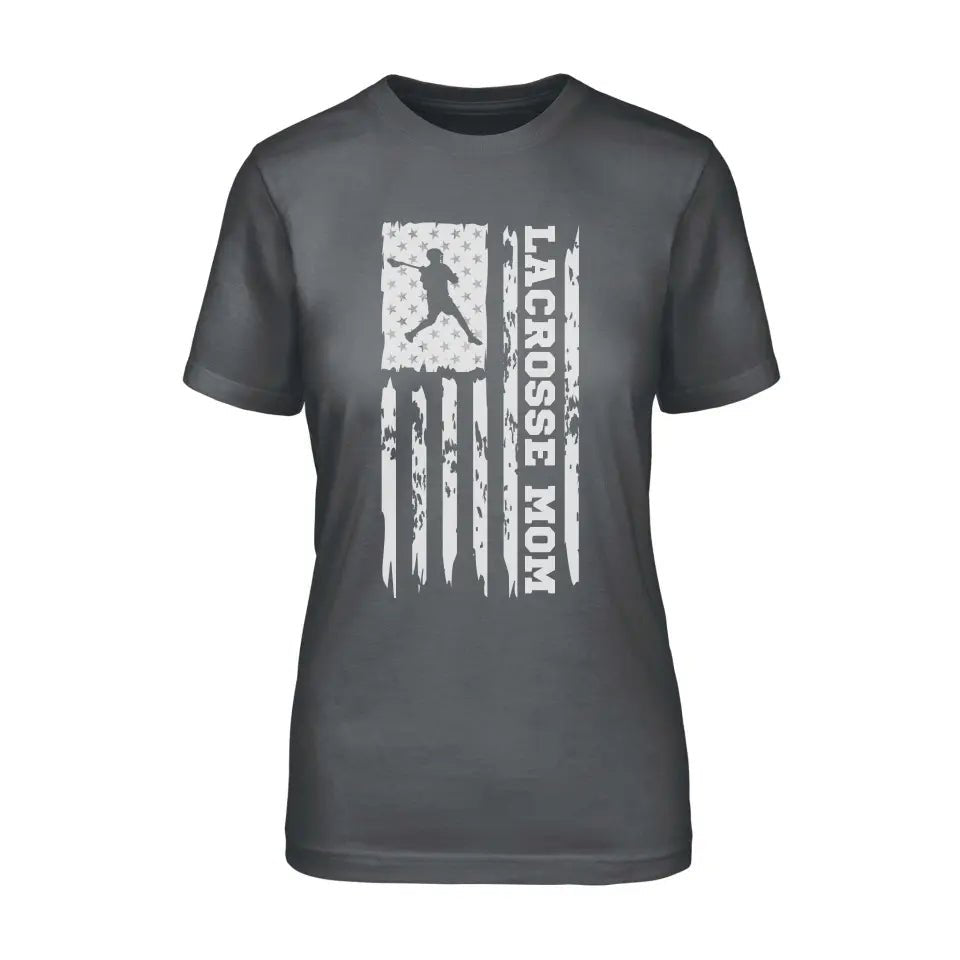 Lacrosse Mom Vertical Flag on a Unisex T-Shirt with a White Graphic