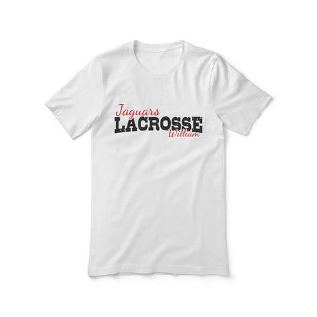 Custom Lacrosse Mascot and Lacrosse Player Name on a Unisex T-Shirt with a Black Graphic