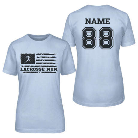 Lacrosse Mom Horizontal Flag With Lacrosse Player Name on a Unisex T-Shirt with a Black Graphic