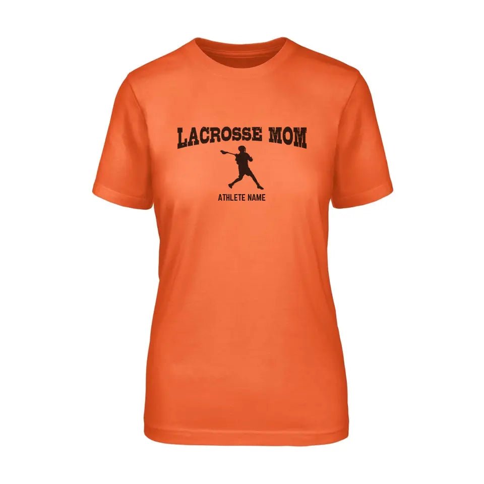 Lacrosse Mom with Lacrosse Player Icon and Lacrosse Player Name on a Unisex T-Shirt with a Black Graphic
