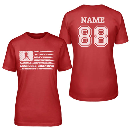 Lacrosse Grandma Horizontal Flag With Lacrosse Player Name on a Unisex T-Shirt with a White Graphic