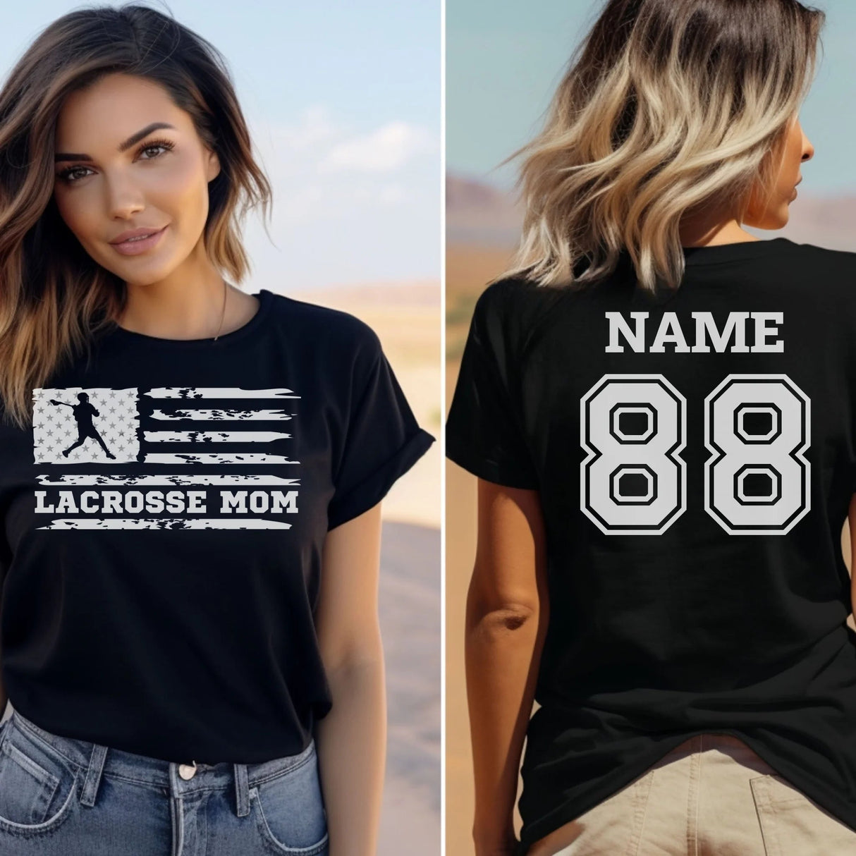 Lacrosse Mom Horizontal Flag With Lacrosse Player Name on a Unisex T-Shirt with a White Graphic