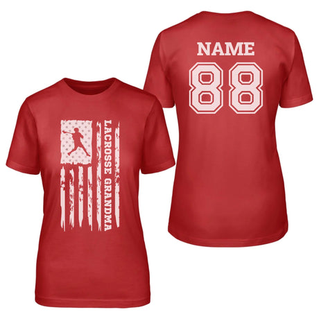 Lacrosse Grandma Vertical Flag With Lacrosse Player Name on a Unisex T-Shirt with a White Graphic