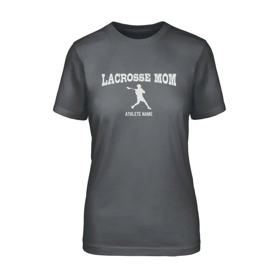 Lacrosse Mom with Lacrosse Player Icon and Lacrosse Player Name on a Unisex T-Shirt with a White Graphic