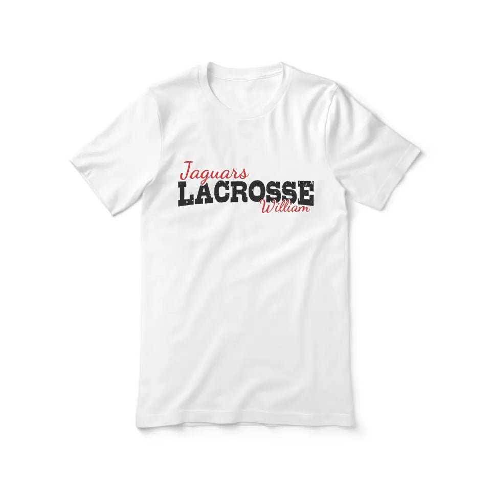 Custom Lacrosse Mascot and Lacrosse Player Name on a Unisex T-Shirt with a Black Graphic