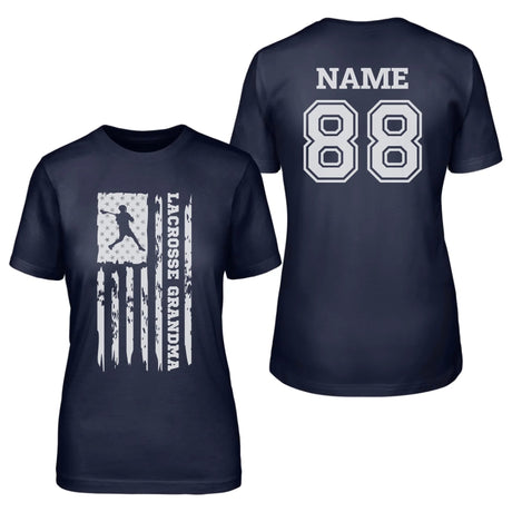 Lacrosse Grandma Vertical Flag With Lacrosse Player Name on a Unisex T-Shirt with a White Graphic