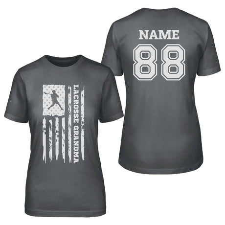Lacrosse Grandma Vertical Flag With Lacrosse Player Name on a Unisex T-Shirt with a White Graphic