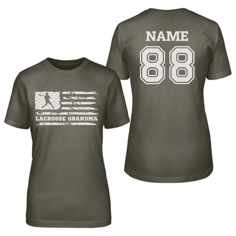 Lacrosse Grandma Horizontal Flag With Lacrosse Player Name on a Unisex T-Shirt with a White Graphic