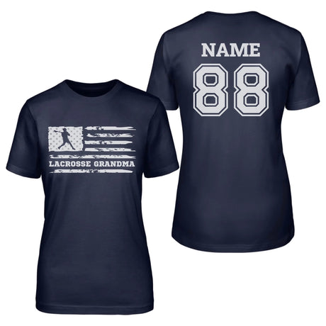 Lacrosse Grandma Horizontal Flag With Lacrosse Player Name on a Unisex T-Shirt with a White Graphic