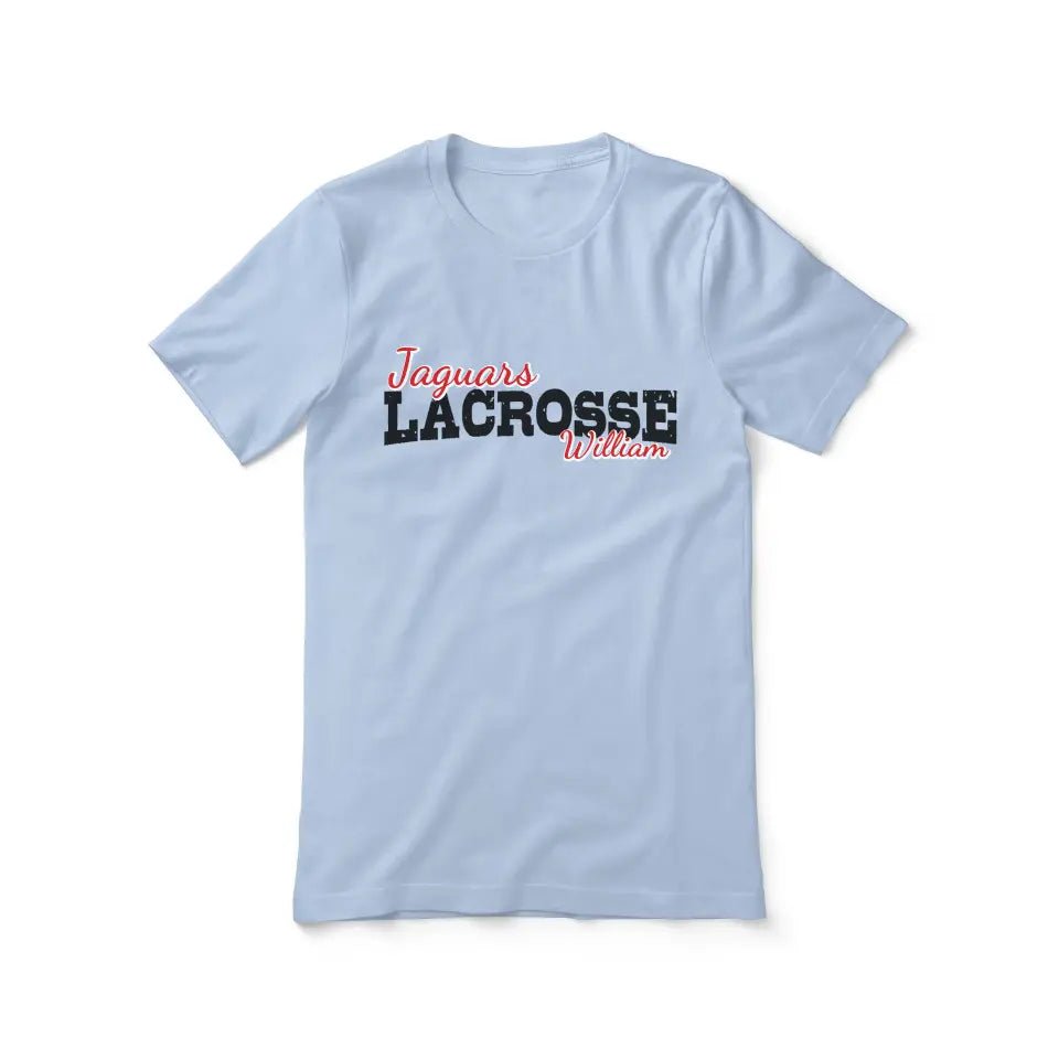 Custom Lacrosse Mascot and Lacrosse Player Name on a Unisex T-Shirt with a Black Graphic