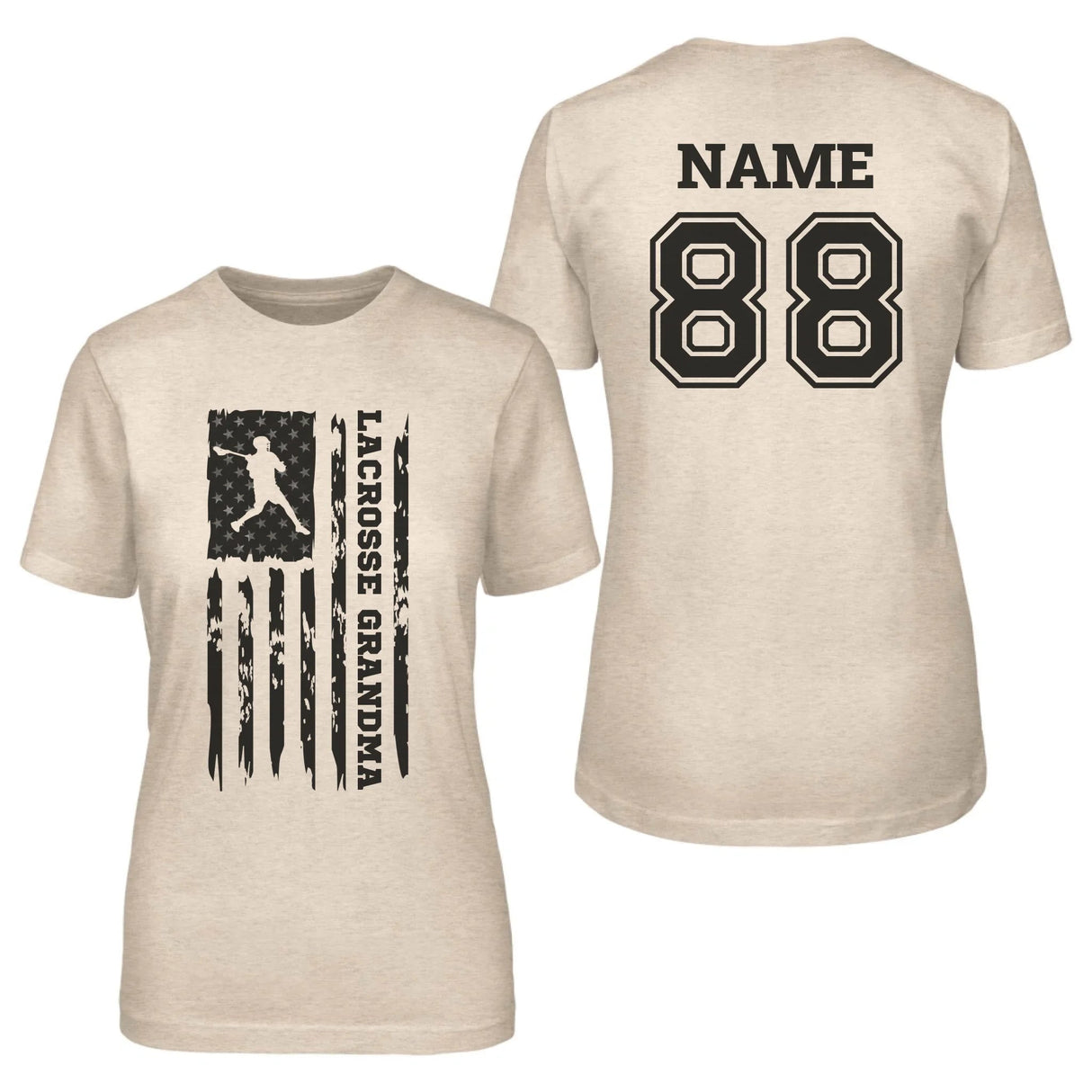 Lacrosse Grandma Vertical Flag With Lacrosse Player Name on a Unisex T-Shirt with a Black Graphic
