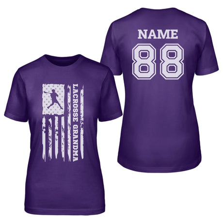 Lacrosse Grandma Vertical Flag With Lacrosse Player Name on a Unisex T-Shirt with a White Graphic