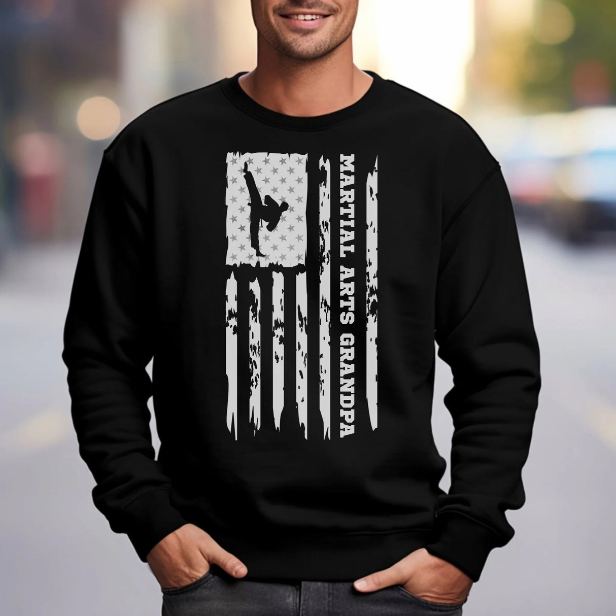 Martial Arts Grandpa Vertical Flag on a Sweatshirt with a White Graphic