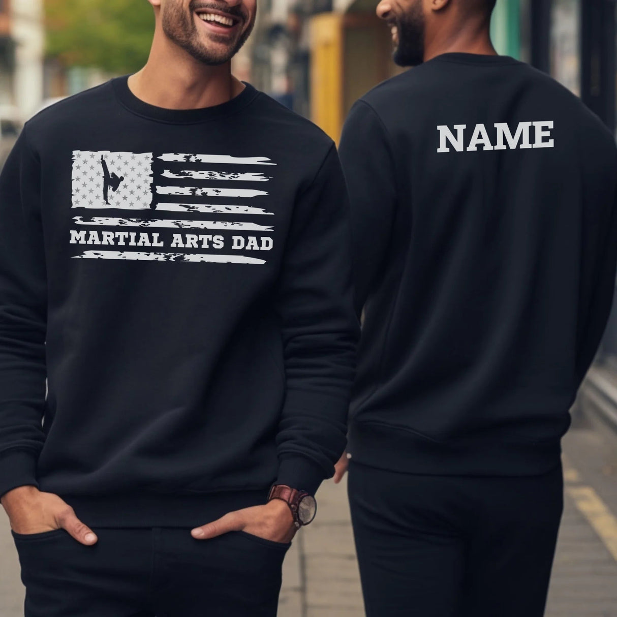Martial Arts Dad Horizontal Flag With Martial Artist Name on a Sweatshirt with a White Graphic