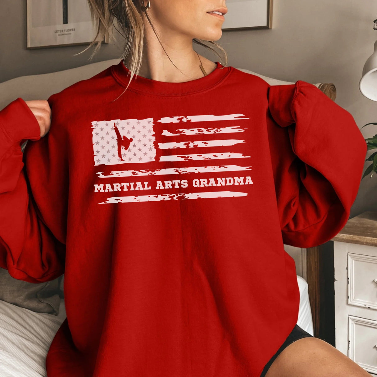 Martial Arts Grandma Horizontal Flag on a Sweatshirt with a White Graphic