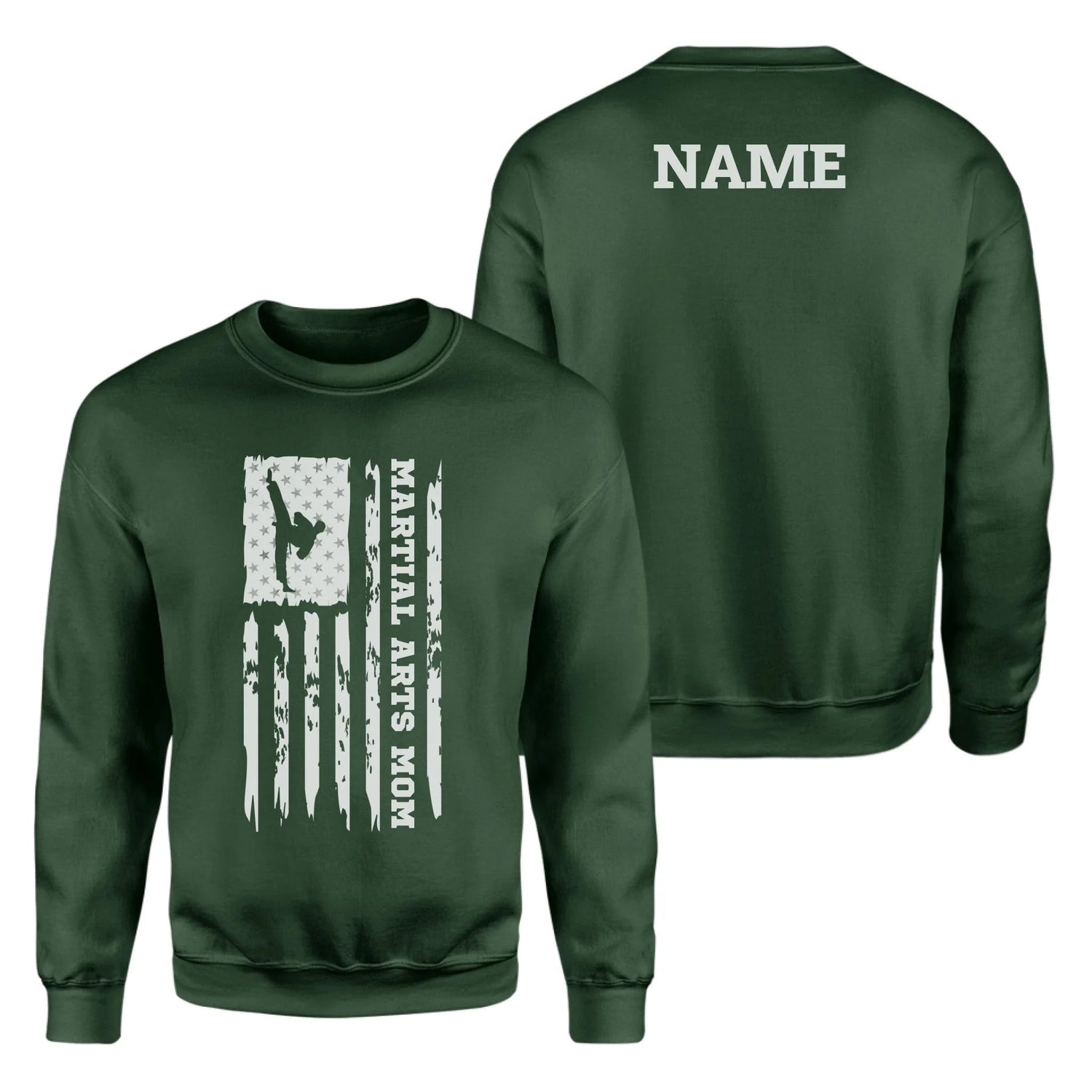 Martial Arts Mom Vertical Flag With Martial Artist Name on a Sweatshirt with a White Graphic